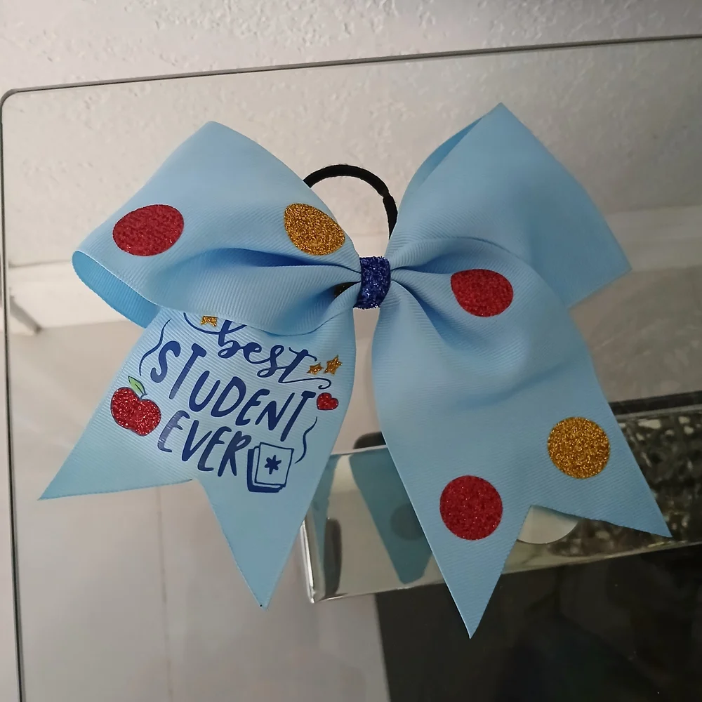 Best Student Ever Hair Bow - Blue with Red and Gold Accents